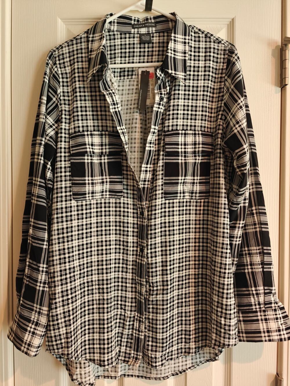 NWT Chelsea & Theodore Patchwork Plaid Blouse black and white